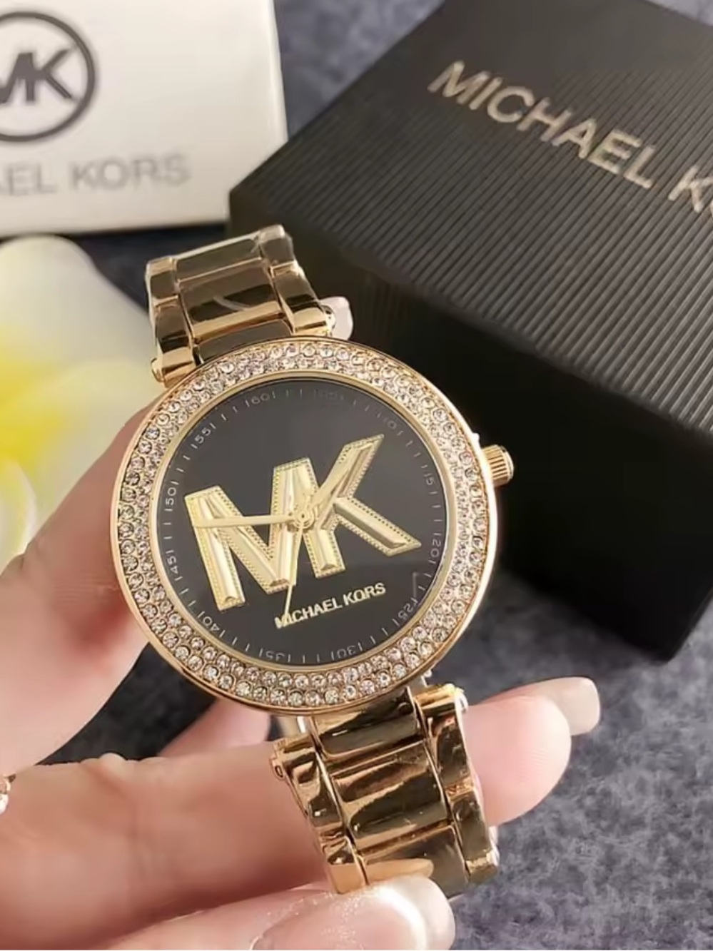 Michael Kors Gold-Tone Watch with Black Dial and Crystal Bezel